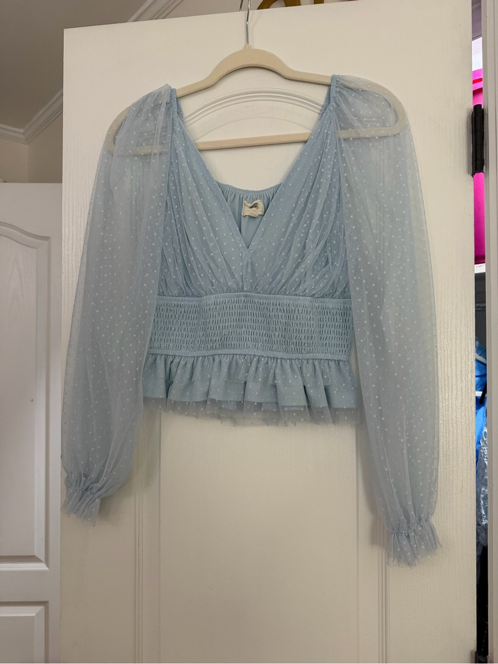 Anthropologie Light Blue Sheer Dot Smocked Waist Blouse Small